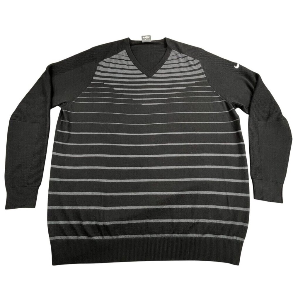 Nike Golf Sweater MenS 2XL Merino Wool Black Gray Stripe V Neck Tour Performance
